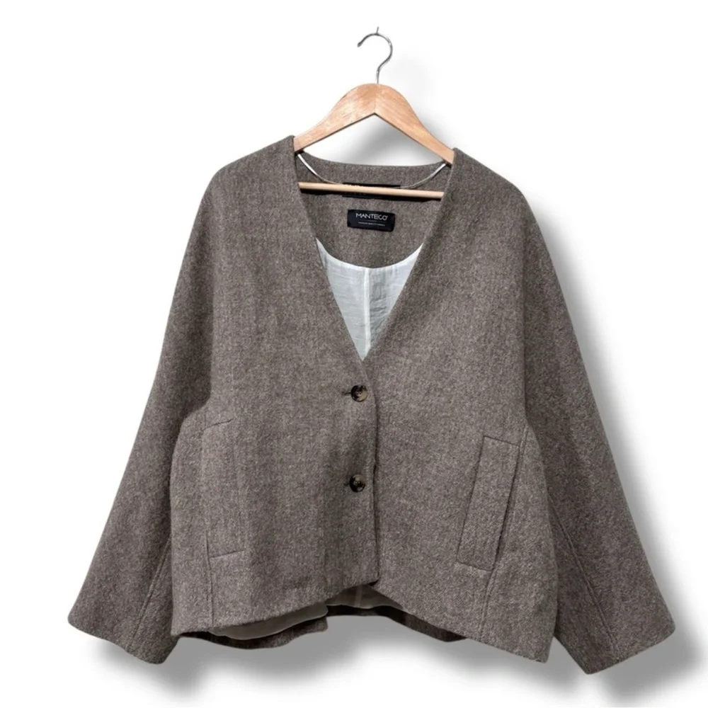 Zara Manteco Italian Wool Taupe Brown Oversized Crop Jacket Size Medium - Picture 4 of 9